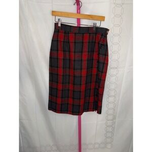 Vintage Plaid Pencil Skirt Red Black Wool Blend Button Side Women's Size 12